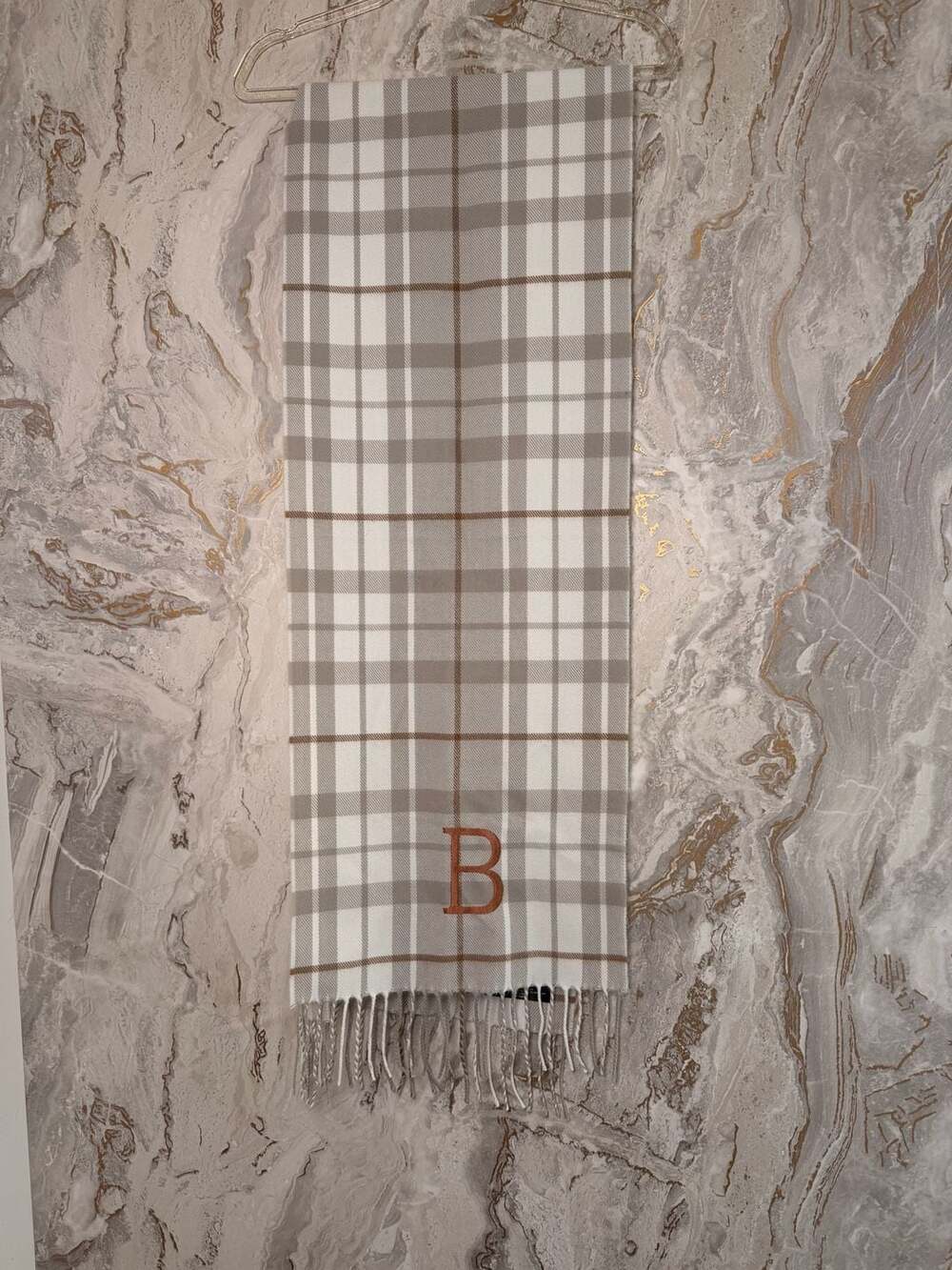 D&Y Softer Than Cashmere Tan White Plaid Fringe Scarf Embroidered Letter B